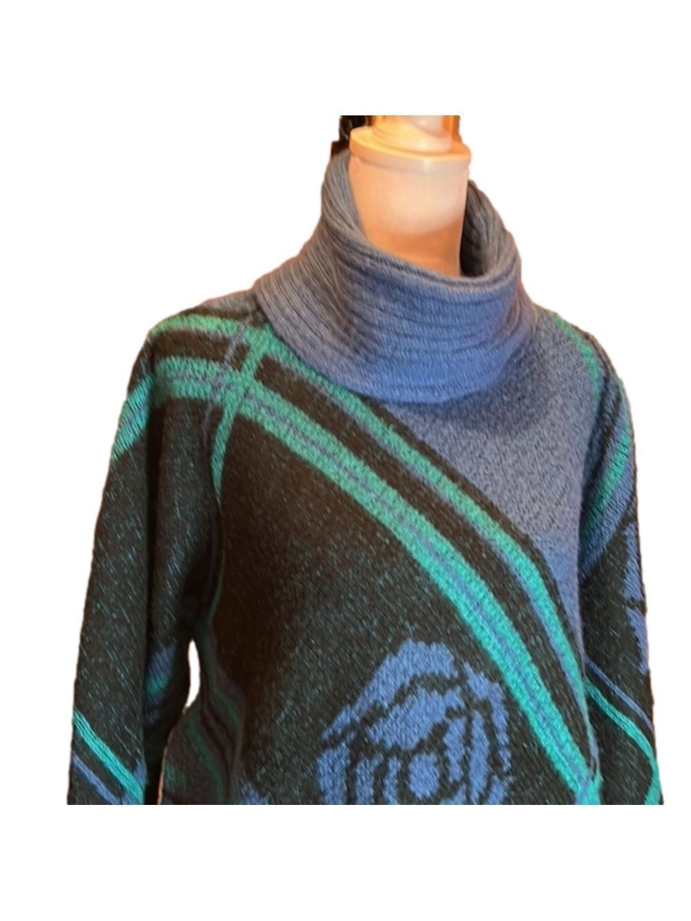 LUCE’ Vintage Blue & Green Cowl Neck Sweater - Picture 2 of 7
